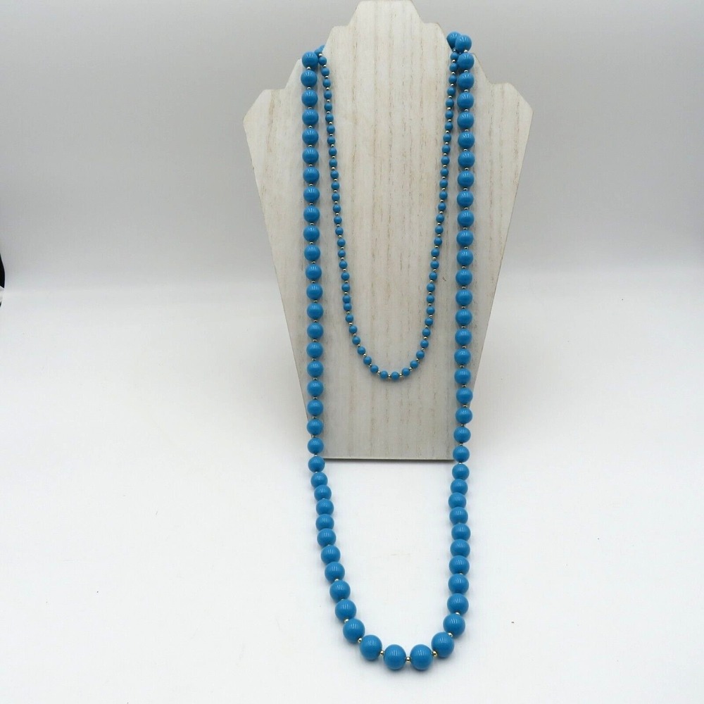 Vintage Hong Kong 24" Blue Beaded Necklace With Gold Tone Accents